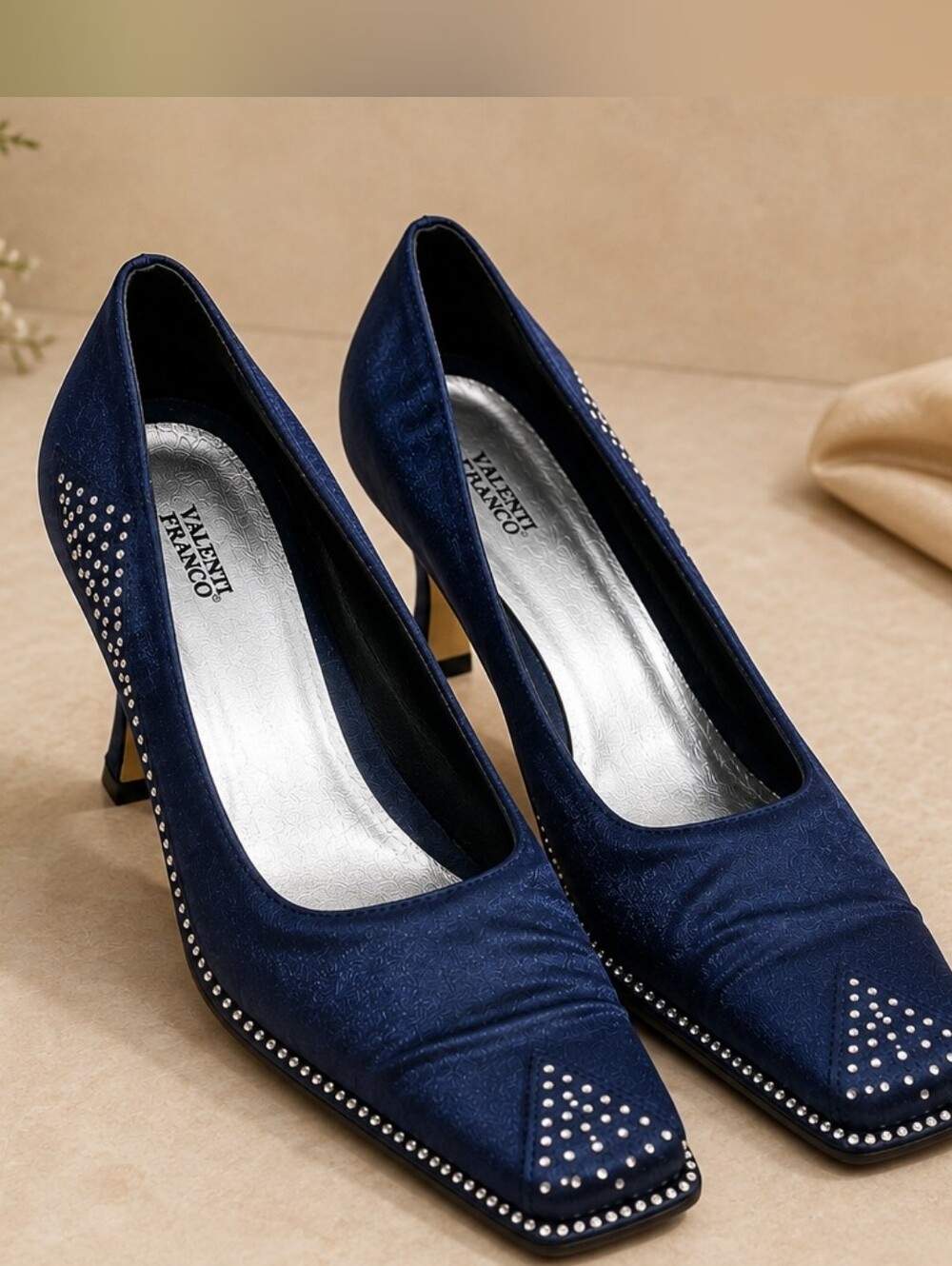 Valenti Franco Navy Satin Rhinestone Pumps Square Toe Heels Elisanne Vintage 11M